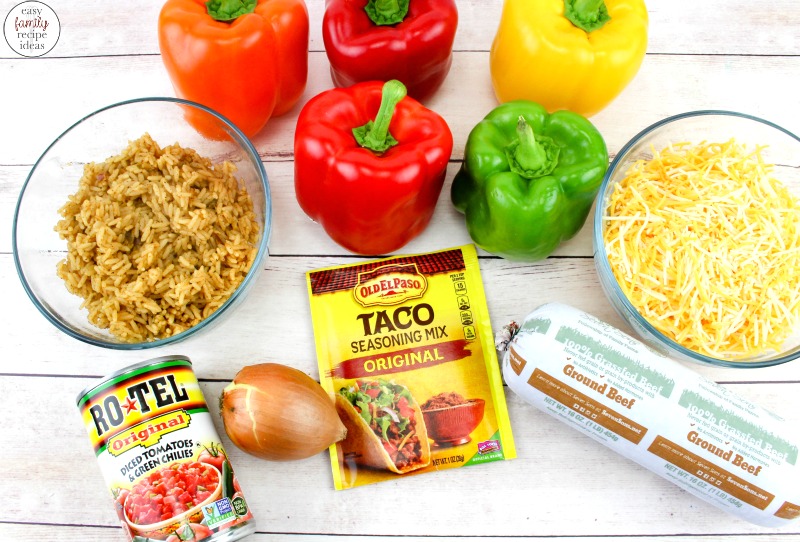 Taco Stuffed Peppers, Your family will eat this Taco Stuffed Peppers Recipe up! and Love it Ground Beef Recipes, Mexican Stuffed Peppers, These stuffed peppers are full of a delicious filling made with seasoned ground beef, rice, topped with cheese, baked inside sweet bell peppers.
