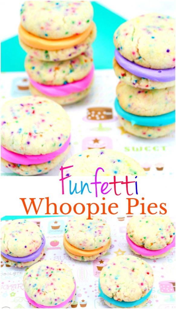 The Best Cake Mix Whoopie Pies You'll Ever See and Eat, These Funfetti Whoopie Pies are perfect for a Unicorn Party or Mermaid Snack idea, Serve Rainbow Whoopie Pies for any Birthday Party or Kids Snack, this Easy Recipe for Whoopie Pies is Amazing! Whoopie Pies with Cake Mix for the Win! 