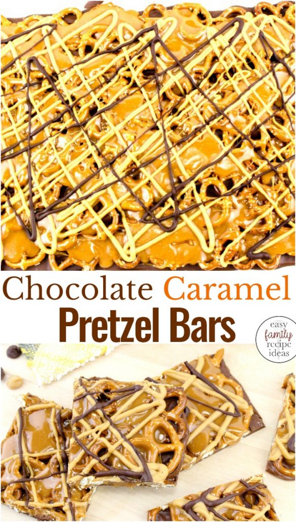 These Chocolate Caramel Pretzel Bars are AMAZING! Smooth chocolate with crunchy salty pretzels and a caramel drizzle chocolate bark. Yum! This Easy Chocolate Pretzel Bars Recipe is delicious. No Bake caramel pretzel crack bars are the perfect Treat 
