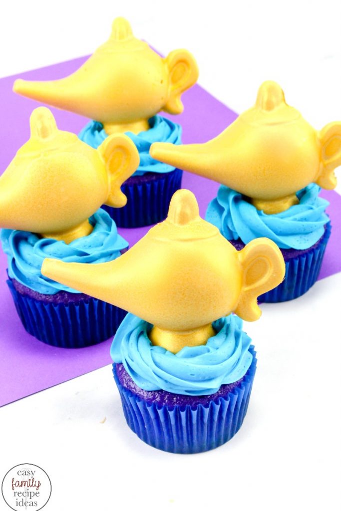 These Easy Aladdin Themed Cupcakes are perfect for anyone that loves Aladdin. If you are planning a fun Arabian nights themed party these Disney Cupcakes are perfect with delicious Aladdin cupcakes genie lamp