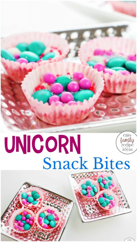 These Unicorn Chocolate Bites are a fun party treat. Sweet White Chocolate with colorful sprinkles and yummy M&M's make a delicious Unicorn Chocolate Bark, Unicorn Snacks for kids or a Unicorn Theme Party Food, Easy Unicorn Recipes Are The Best! 
