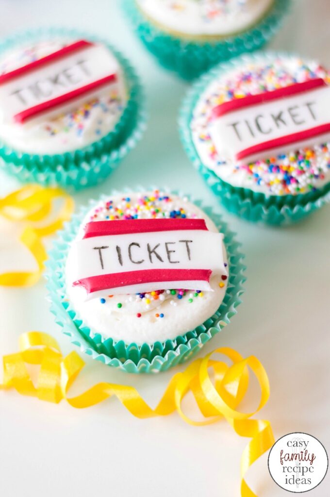 These Circus Themed Cupcakes are so simple and easy to make. Create your own circus themed birthday party easily with these yummy circus treats! Circus Ticket Cupcakes are perfect for a birthday party food idea or movie night. 