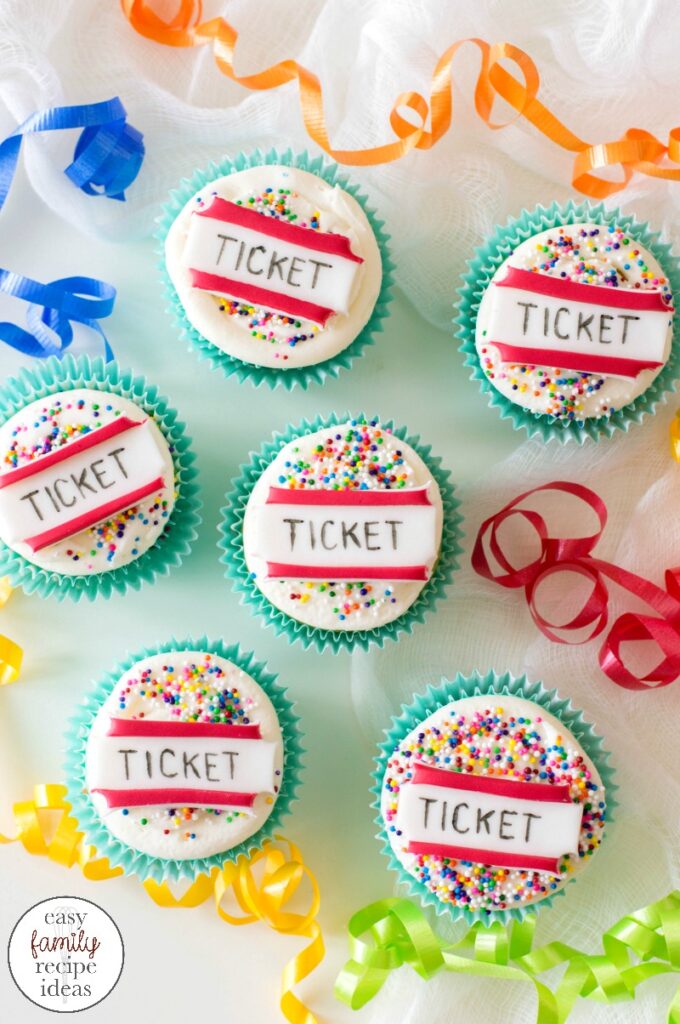 These Circus Themed Cupcakes are so simple and easy to make. Create your own circus themed birthday party easily with these yummy circus treats! Circus Ticket Cupcakes are perfect for a birthday party food idea or movie night. 