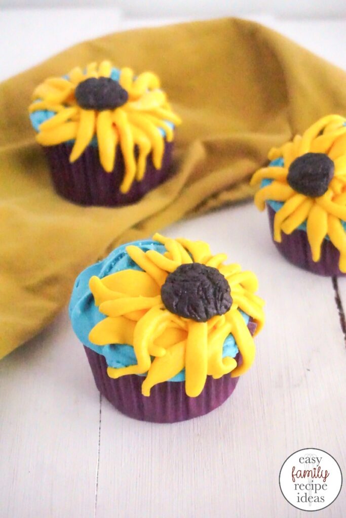 These Frozen Cupcakes Inspired by Anna are so perfect and just in time for the new Frozen movie! These Sunflower Cupcakes are so delicious and simple, You can use a Box Cake Mix and have these Anna Cupcakes done in less than 30 minutes. Perfect for a Frozen Birthday Party or Garden Theme. 