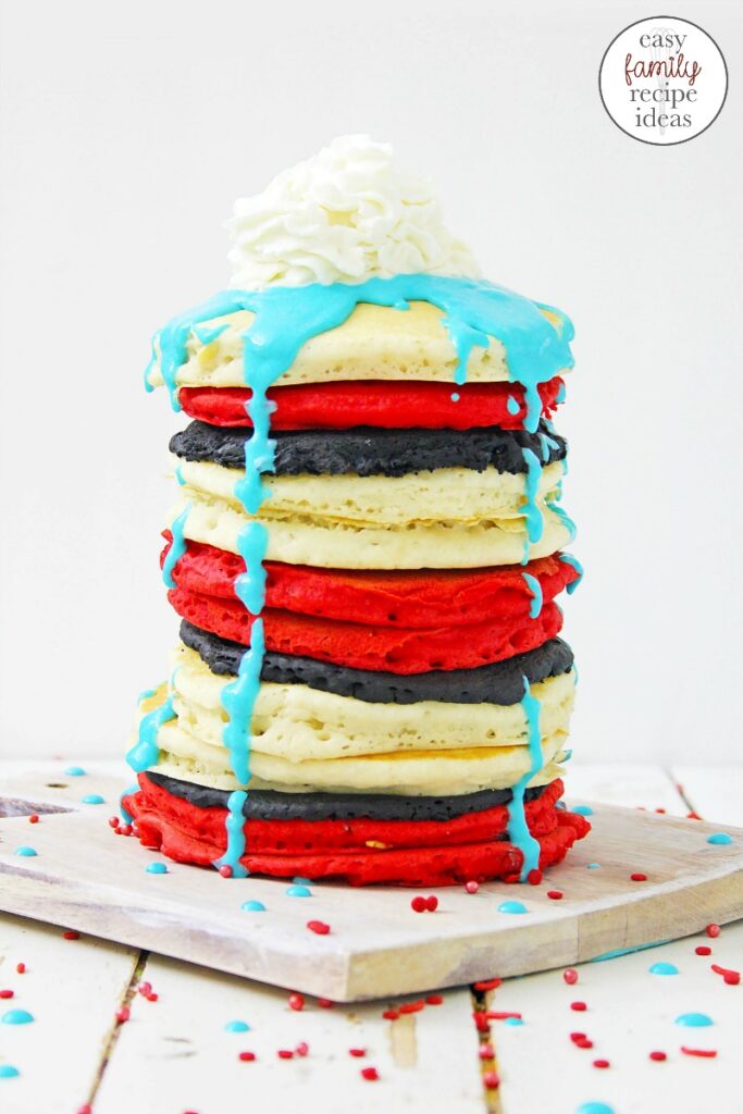 These Dr. Seuss Pancakes are AMAZING. Bright colors that remind you of your favorite Dr. Seuss Books. These Dr. Seuss Food Ideas are perfect for birthday party food idea or fun kid food. Bring on tasty Dr. Seuss Treats for Breakfast Please!  