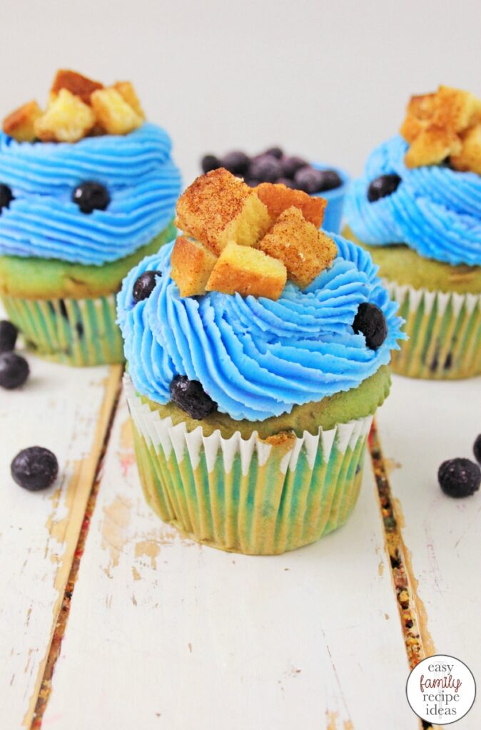 These Amazing Blueberry French Toast Cupcakes could be for breakfast or dessert. They taste so good just like french toast but better! The blueberry frosting and French toast taste of these cupcakes is so yummy.  If you love blueberries and you love french toast you will love this Easy french toast cupcake recipe. 