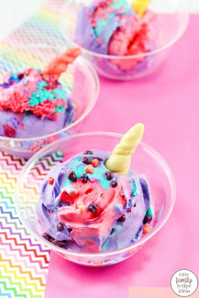 This unicorn ice cream recipe is so creative and Delicious! All the bright colors make this a great Unicorn treat to make up. If you're looking for a tasty frozen treat or throwing a magical unicorn themed party, you're going to want to try these delicious unicorn ice cream sundaes.