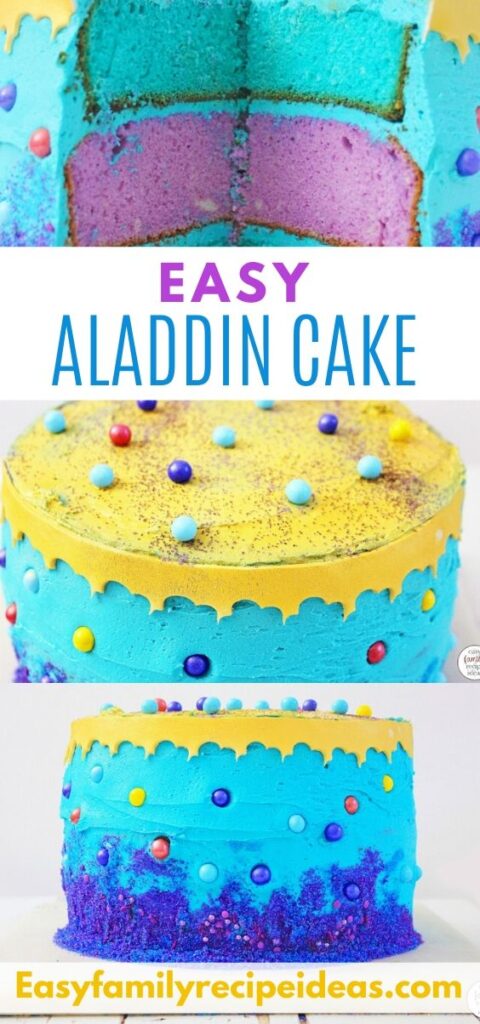 This Aladdin Cake is Easy to make and quite beautiful. You're going to love the bright colors that really make this Disney cake stand out!  Whether you are throwing a fabulous Arabian night party or your daughter loves Princess Jasmine, this delicious layered cake is the best! Aladdin Birthday Cake, Aladdin Cake Ideas, Aladdin Party Food Ideas
