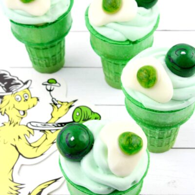 Dr Seuss Green Eggs and Ham Cupcakes in an Ice Cream Cone