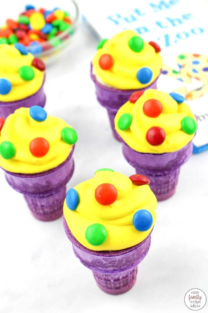 Kids love Dr Seuss Put Me In The Zoo Ice Cream Cone Cupcakes! Dr. Seuss Cupcakes are a fun Dr. Seuss food idea for a Dr Seuss Week or Dr Seuss Themed Food to add to your book activities or birthday party. 