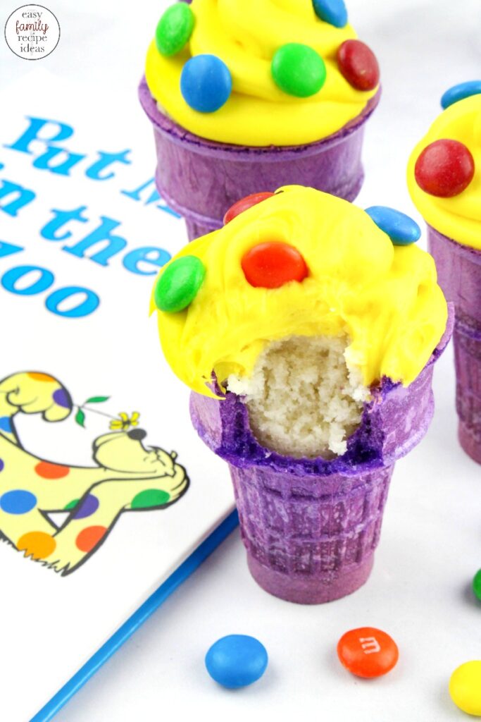 Kids love Dr Seuss Put Me In The Zoo Ice Cream Cone Cupcakes! Dr. Seuss Cupcakes are a fun Dr. Seuss food idea for a Dr Seuss Week or Dr Seuss Themed Food to add to your book activities or birthday party. 