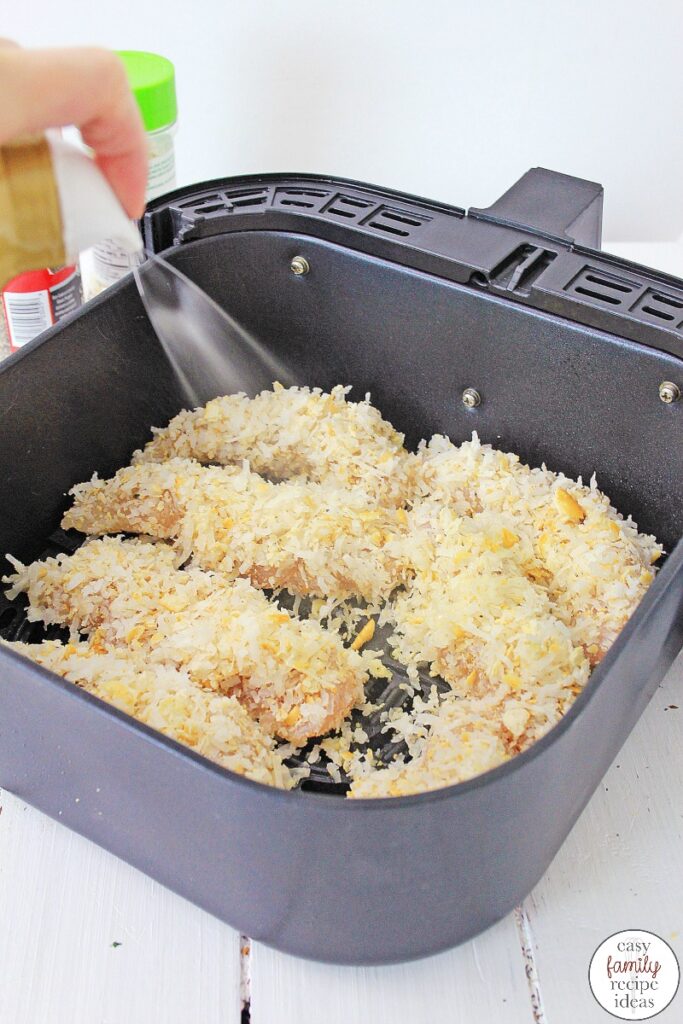 A recipe for Air Fryer Coconut Chicken to make for dinner or any time. This Easy Air Fryer Chicken dinner or lunch recipe needs only 5 ingredients. Coconut Chicken is full of flavor and makes a great healthy meal that is ready in less then 30 minutes.