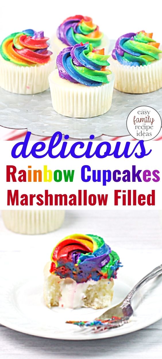 The recipe is easy enough to get the kids baking. Plus, these Marshmallow cream filled Cupcakes look fancy enough to wow your dinner guests too. These Rainbow Cupcakes are the moistest and delicious rainbow cupcakes! Easy to make and a super special dessert for any occasion!