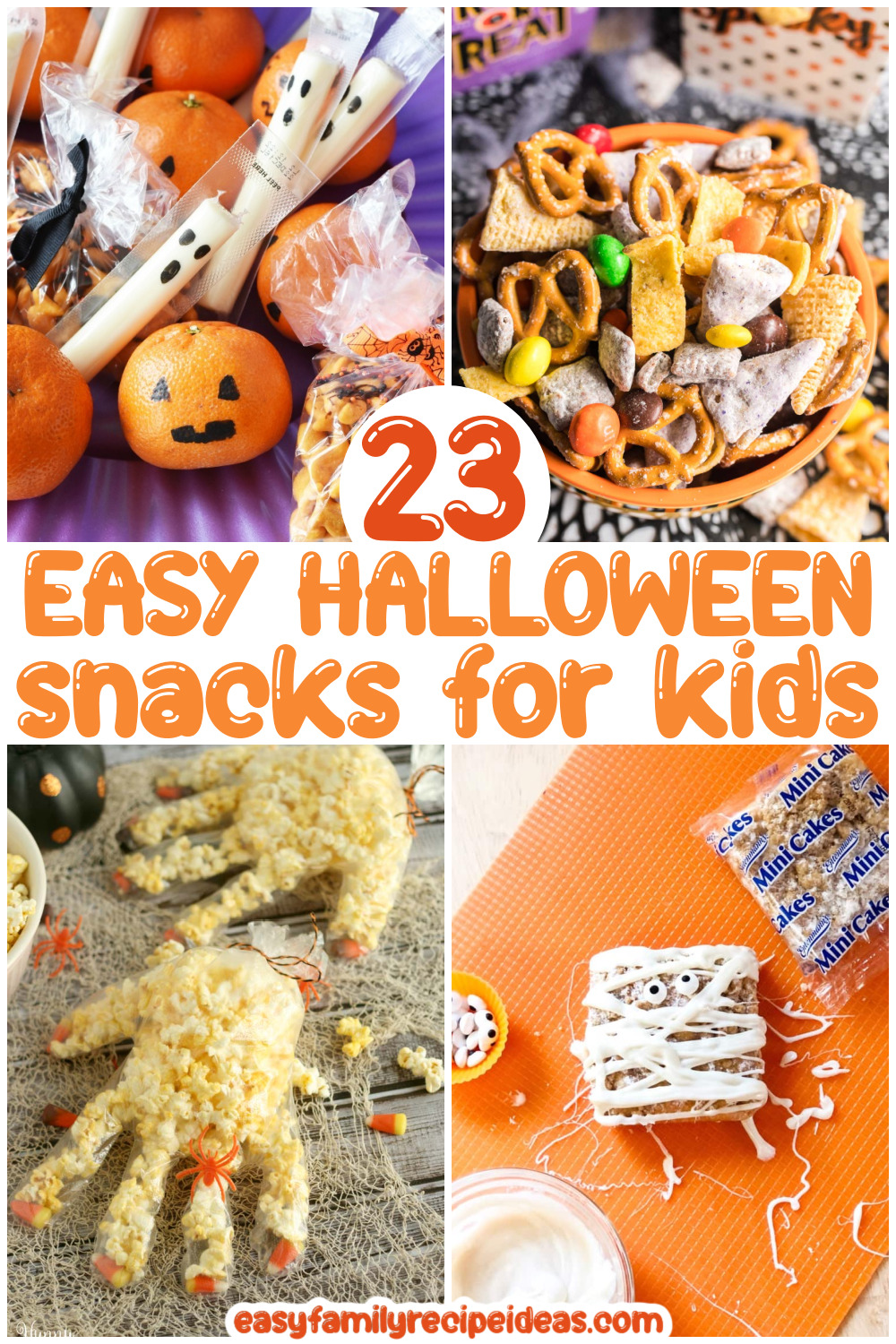 23 easy Halloween snacks that your children will love! From Halloween snack mix and Halloween brownies to delicious dips and finger foods, find the spooky and easy Halloween snacks to serve at your party! Easy Halloween Treats for School or a Party