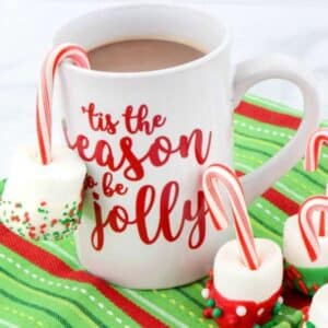 This is the season to be jolly mug with candy canes and marshmallows. The perfect addition for your hot chocolate dippers!