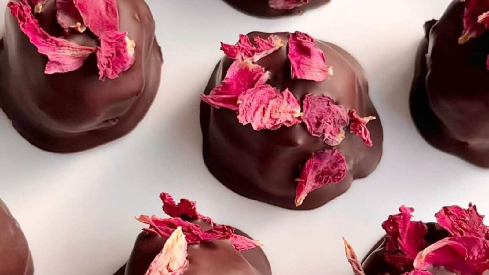 A group of chocolate covered truffles with roses on a white surface.