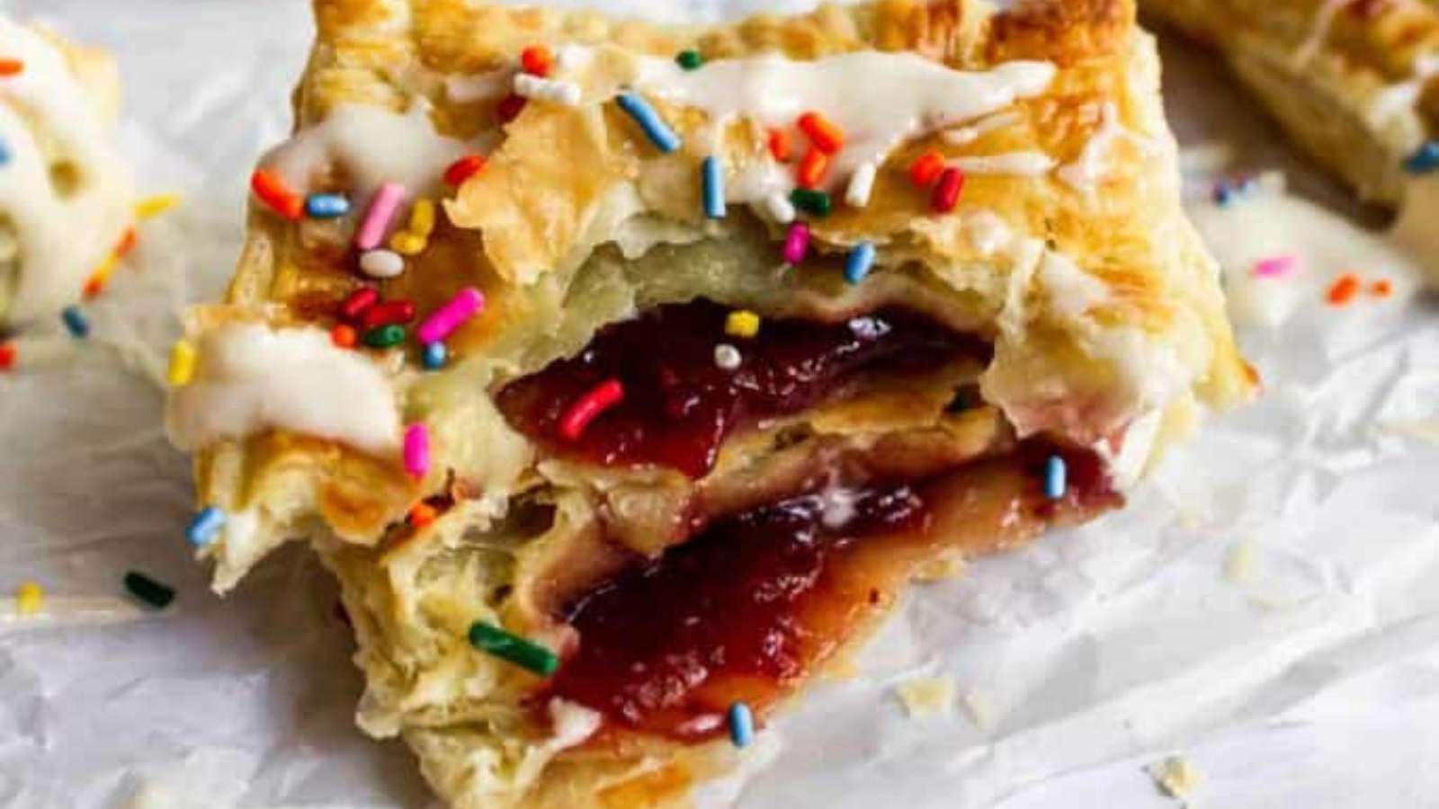 A bite of a pastry with jam and sprinkles.