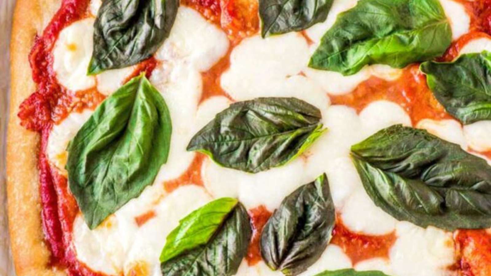 A pizza with mozzarella and basil leaves on top.