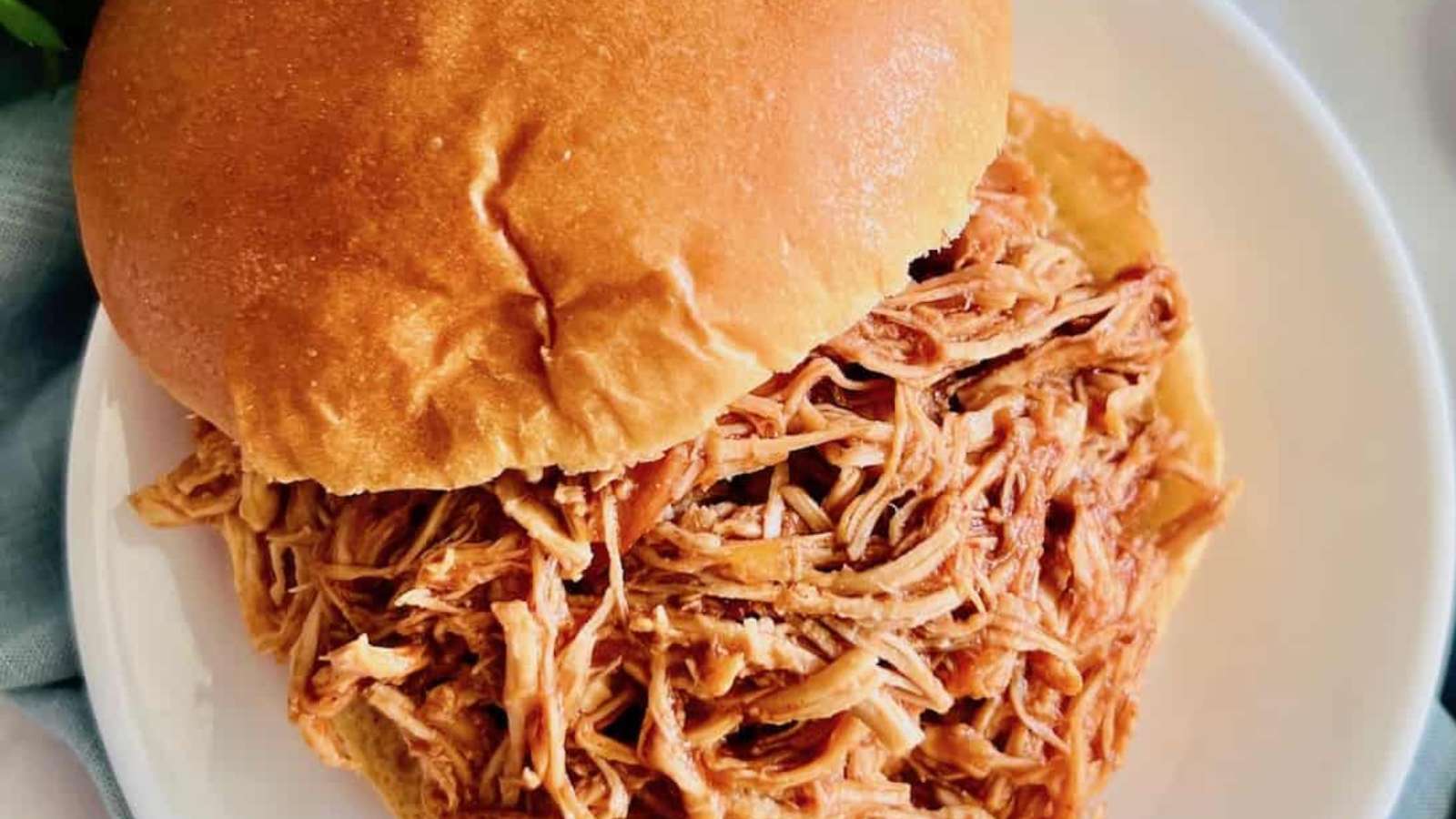 A pulled pork sandwich on a white plate.