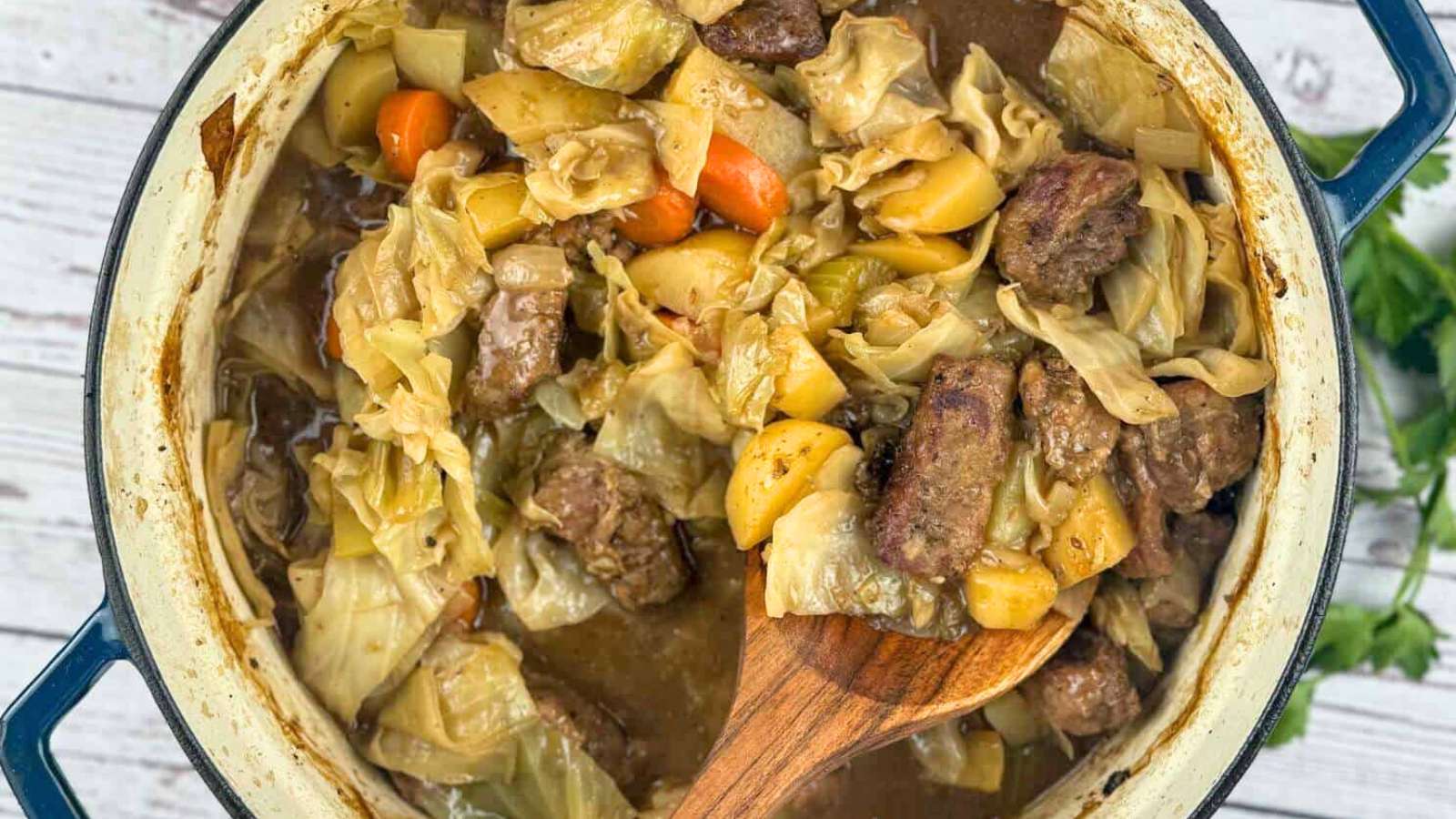 A hearty stew made with meat and cabbage, enhanced with the rich and unique flavor of Guinness beer.