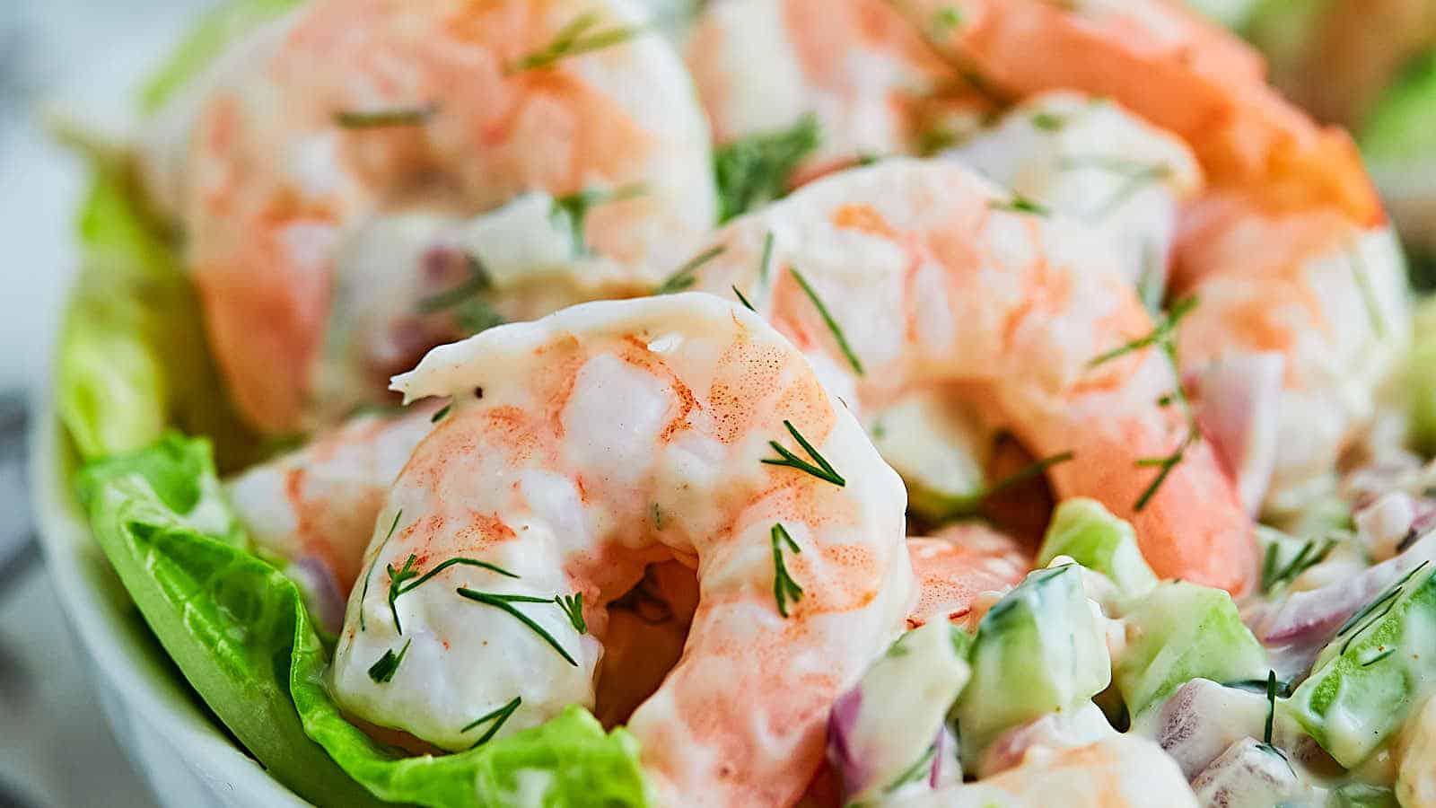 A bowl of shrimp salad with lettuce and dill.
