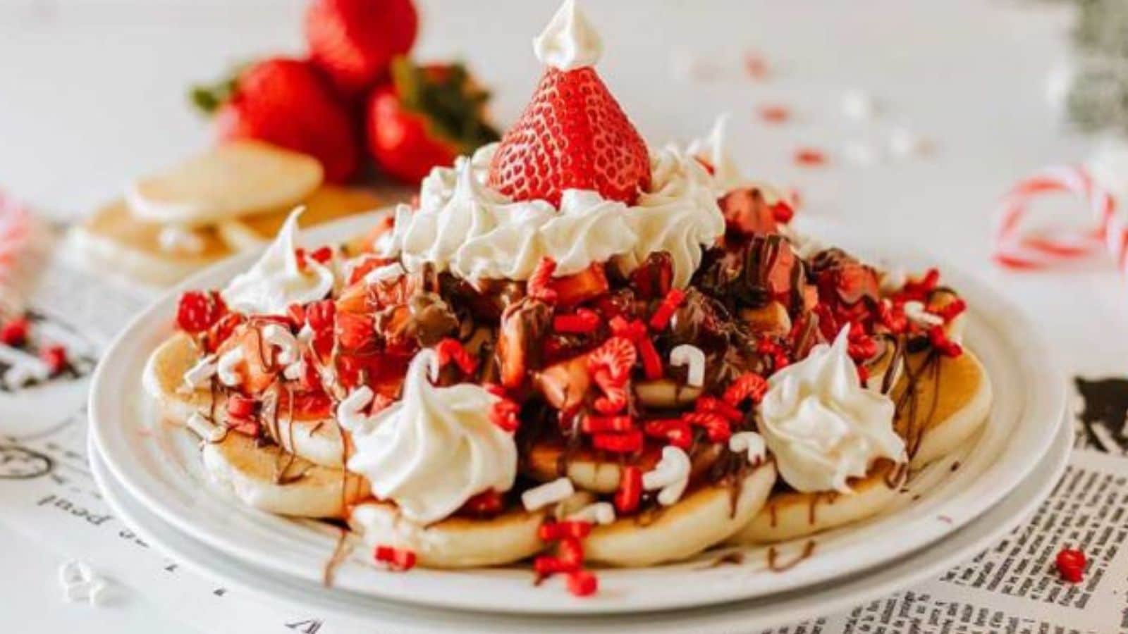 A plate with pancakes topped with whipped cream, strawberries, and sprinkles.